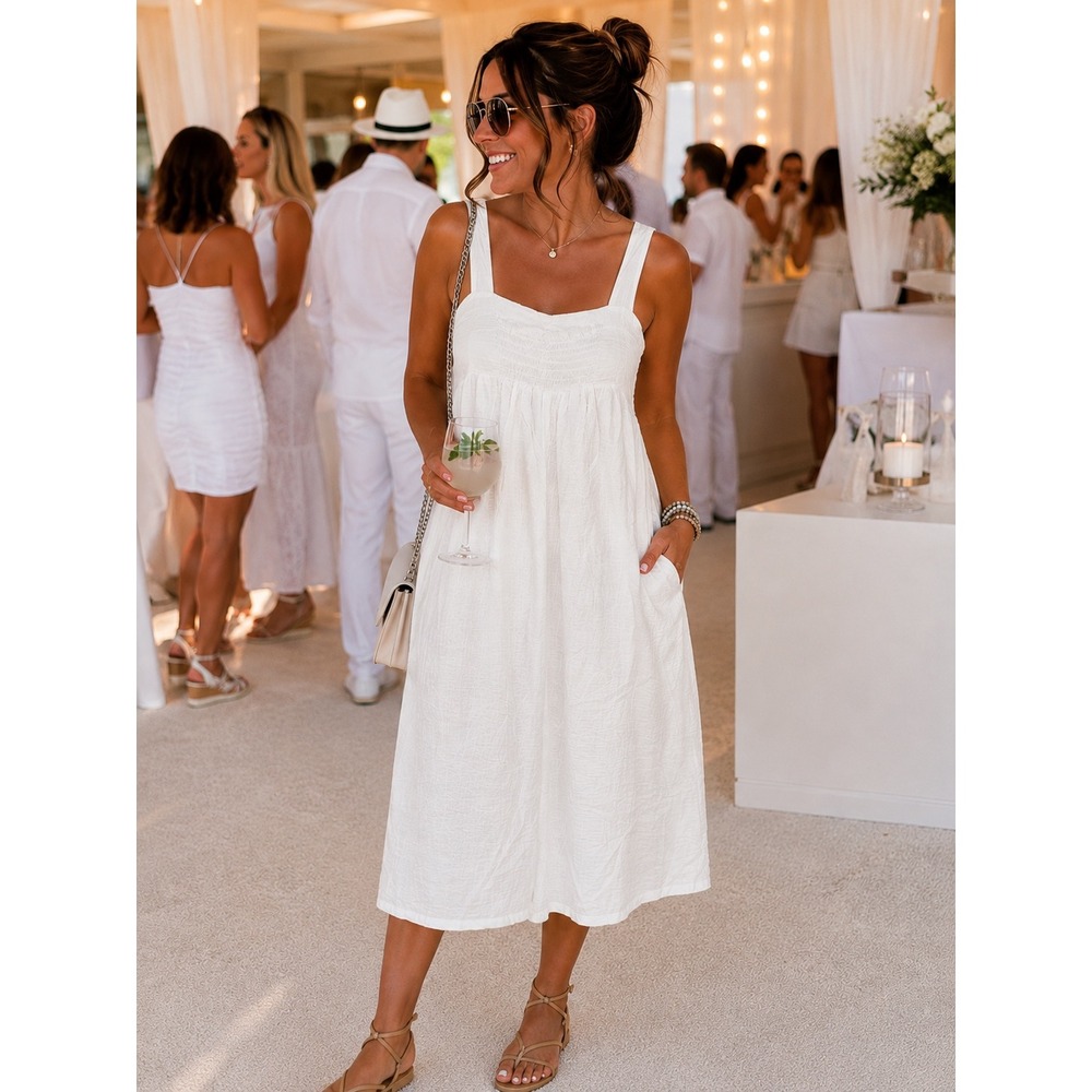 Stars Above White Gauze Midi Dress M NWT Coastal Cottagecore Sundress Pockets - Picture 2 of 7
